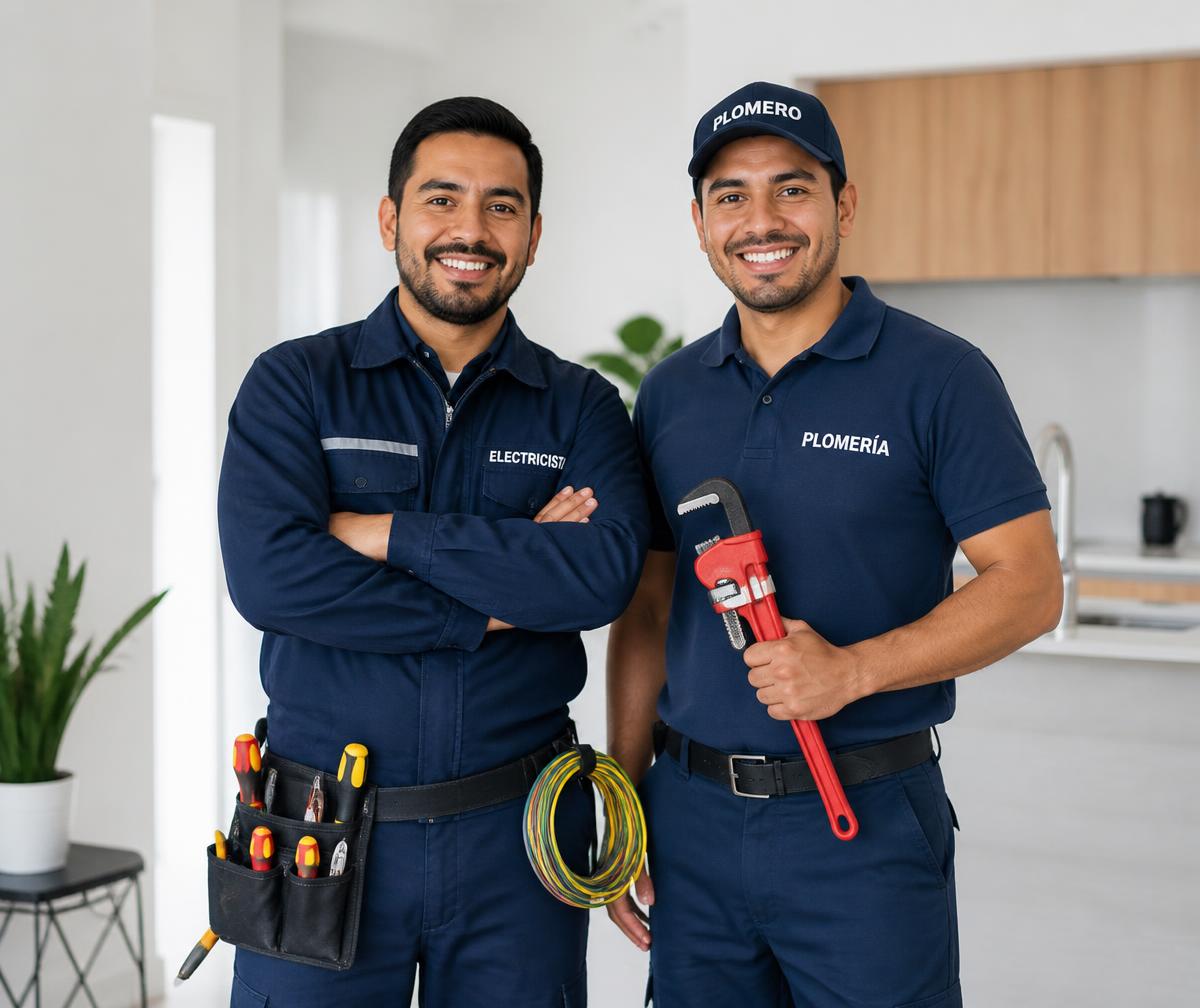 Electricista y plomero profesionales listos para trabajar en un hogar